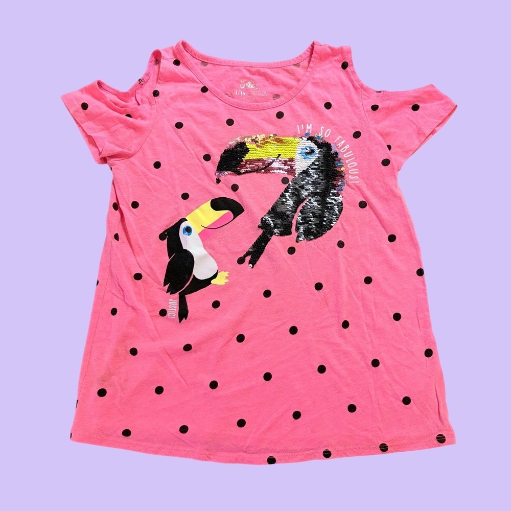 Y2K Justice Pink Polka Dot Baby Tee Toucan Flip Sequin Top Scene #17